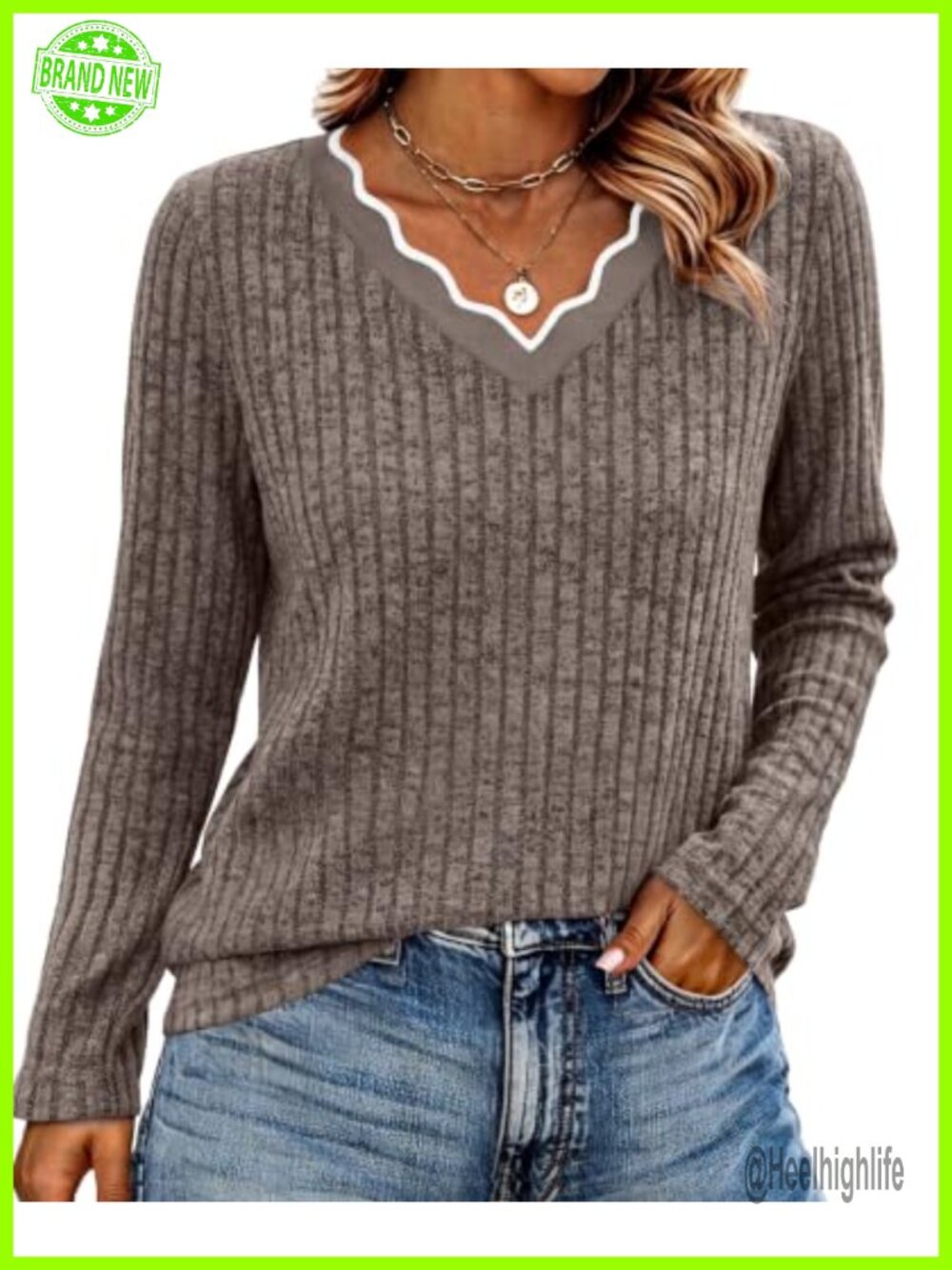 Womens Long Sleeve Tunic Top Scallop V Neck Lightweight Fall Sweater